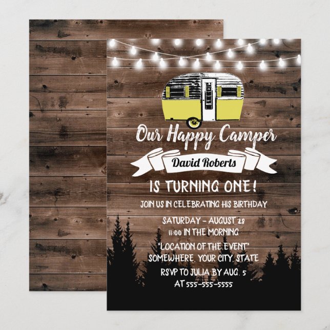 Rustic Forest Happy Camper Birthday Barn Wood Invitation (Front/Back)