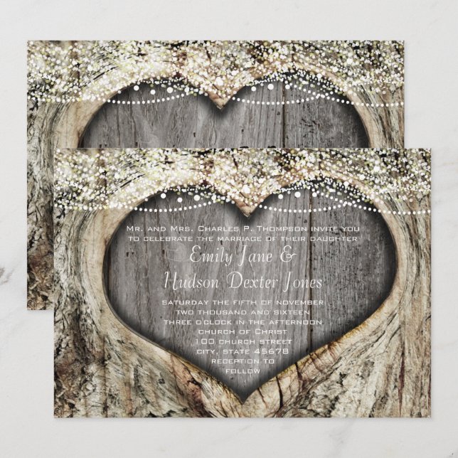 Rustic Forest Heart Knot In Tree Wedding Invitation (Front/Back)