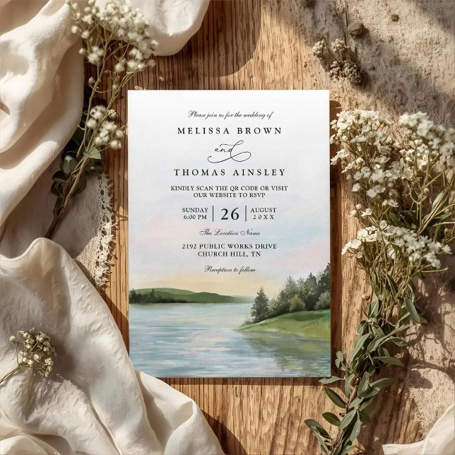 Rustic Forest Lake Landscape QR Code Wedding Invitation (Creator Uploaded)