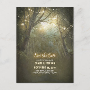 Rustic Forest Light Strings Save The Date Announcement Postcard