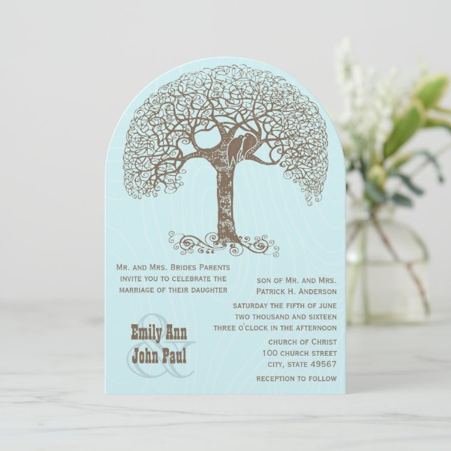 Rustic Forest Love Birds Sitting in a Tree Wedding Invitation (Standing Front)