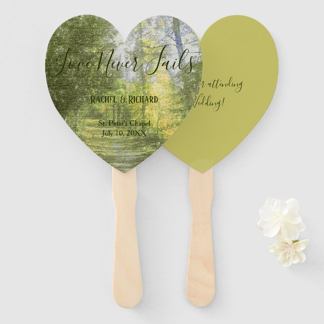 Rustic Forest Love Never Fails Wedding Hand Fan (Front and Back)