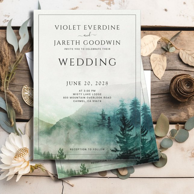 Rustic Forest Mist Watercolor Pine Trees Wedding Invitation (Creator Uploaded)