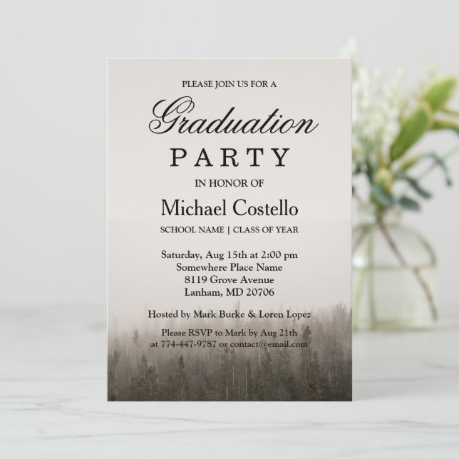 Rustic Forest Misty Landscape Graduation Party Invitation (Standing Front)