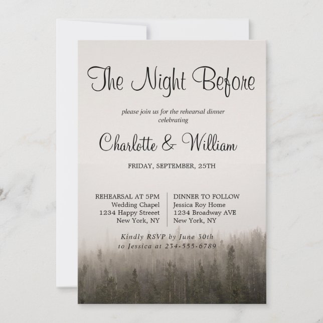 Rustic Forest Misty Landscape Rehearsal Dinner Invitation (Front)