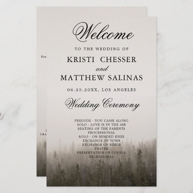 Rustic Forest Misty Landscape Wedding Program Card (Front/Back)