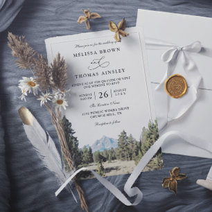 Rustic Forest Mountain Skyline QR Code Wedding Invitation