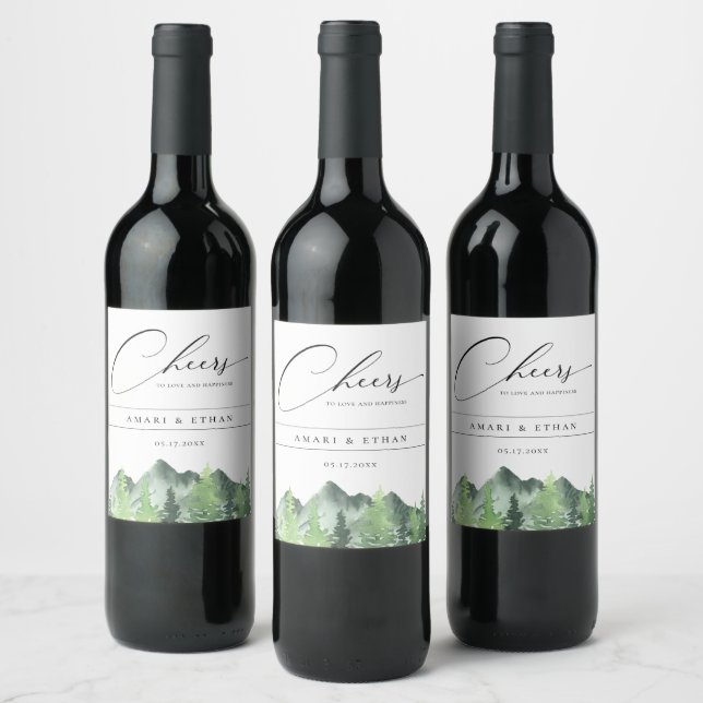 Rustic Forest Mountain Wedding Wine Label (Bottles)