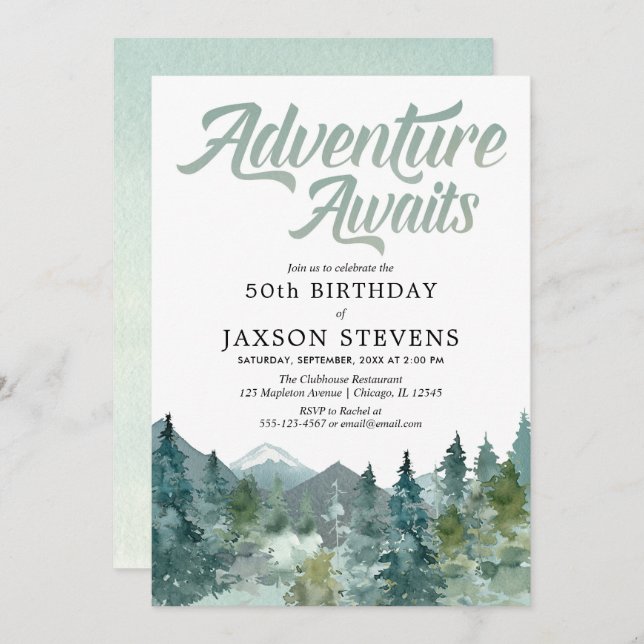 Rustic forest mountains adventure awaits birthday invitation (Front/Back)