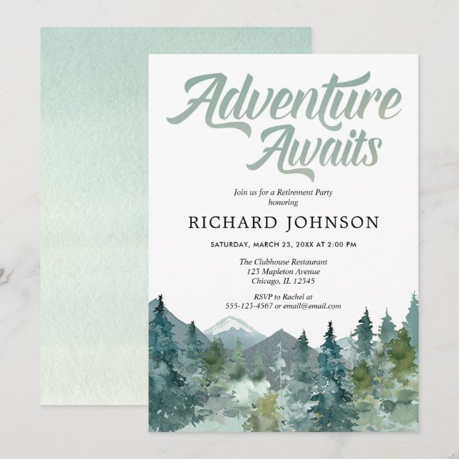 Rustic forest mountains retirement party invitation (Front/Back)