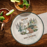 Rustic Forest Oh Boy Bearly Wait Baby Shower  Paper Plate<br><div class="desc">The animals have gathered in this rustic watercolor woodland forest for your "Oh Boy" "We Can Bearly Wait!" bear boy baby shower celebration. A brown bear sits at the base of the forest by the lake and keeping him company is a cute little racoon and in the background under a...</div>