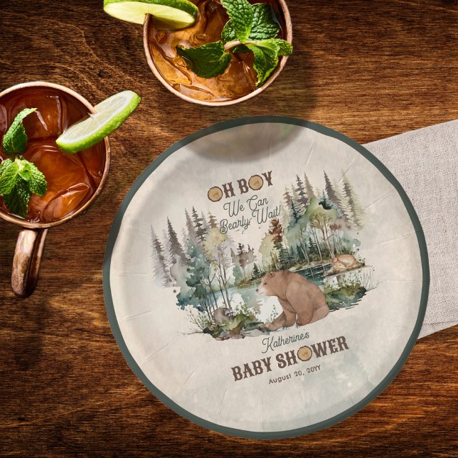 Rustic Forest Oh Boy Bearly Wait Baby Shower  Paper Plate ("Oh Boy We Can Bearly Wait!" Rustic Woodland Bear and Forest Animals Baby Shower Paper Plates)
