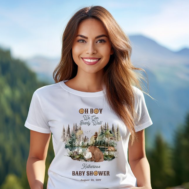 Rustic Forest Oh Boy Bearly Wait Baby Shower  T-Shirt ("Oh Boy We Can Bearly Wait!" Rustic Woodland Bear and Forest Animals Baby Shower T-Shirt)