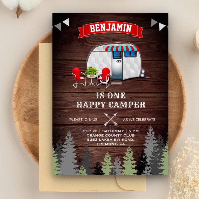 Rustic Forest One Happy Camper 1st Birthday Party Invitation (Creator Uploaded)