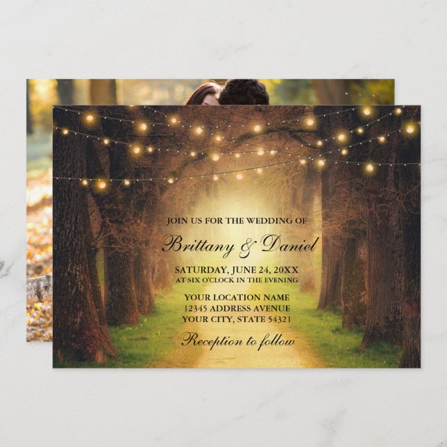 Rustic Forest Path String Lights Photo Wedding Invitation (Front/Back)