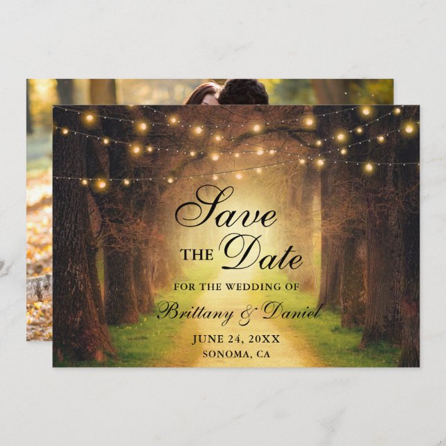 Rustic Forest Path String Lights Photo Wedding Save The Date (Front/Back)