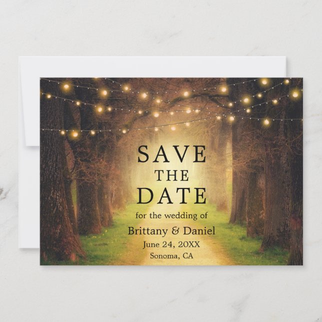 Rustic Forest Path Wedding String Lights Save The Date (Front)