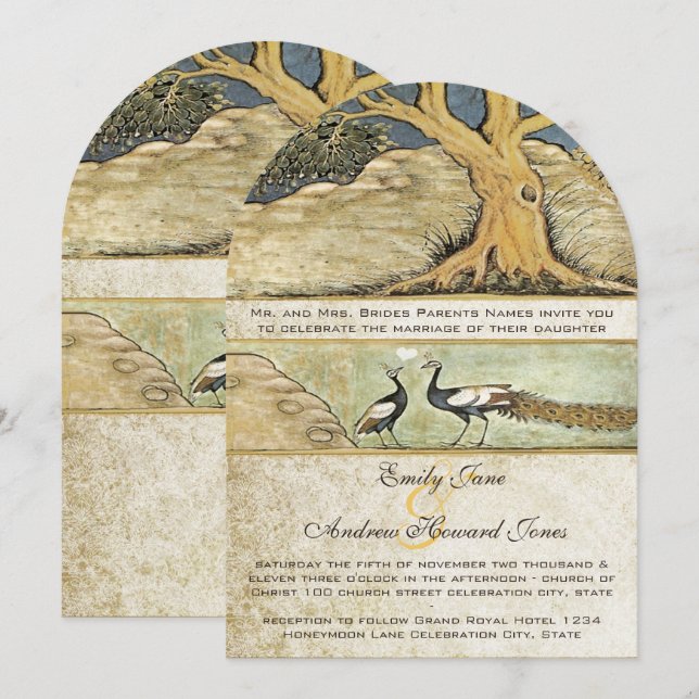Rustic Forest Peacock Birds Wedding Invitation (Front/Back)