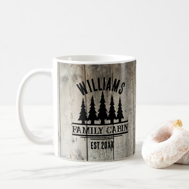 Rustic Forest Personalised Family Cabin Name Est Coffee Mug (With Donut)