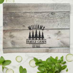 Rustic Forest Personalised Family Cabin Name Est Tea Towel