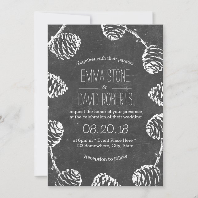 Rustic Forest Pine Cones Chalkboard Wedding Invitation (Front)