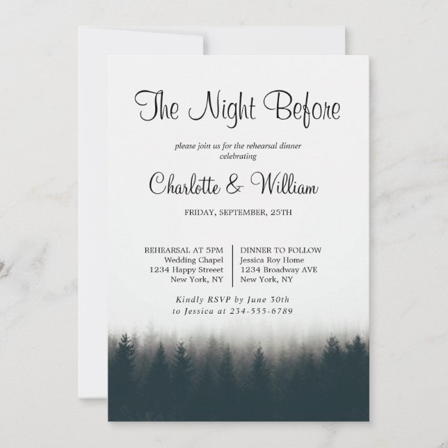 Rustic Forest Pine Trees Woodland Rehearsal Dinner Invitation (Front)