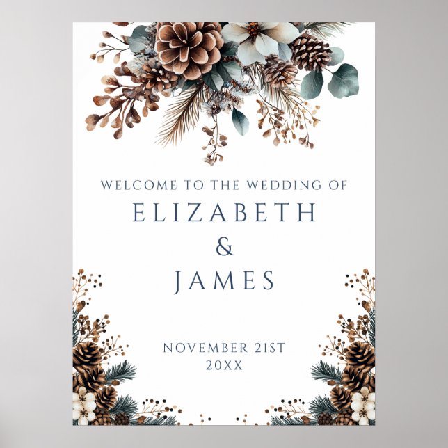 Rustic Forest Pinecone Floral Wedding Welcome Sign (Front)