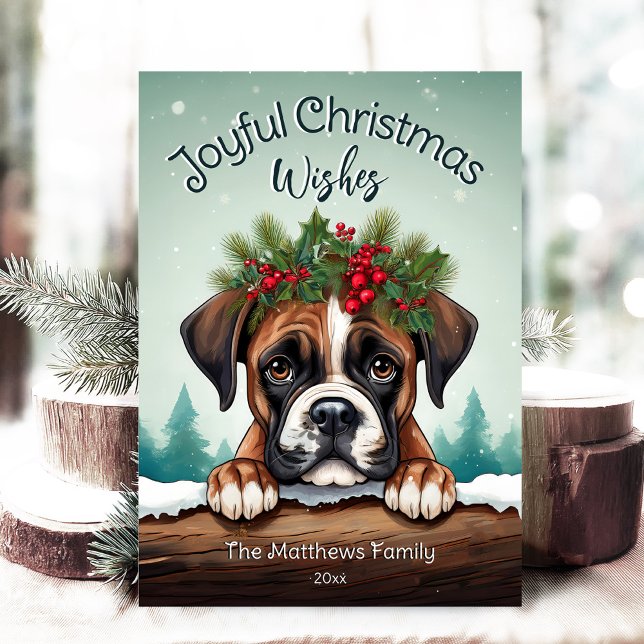 Rustic Forest Pines Peeking Boxer Joyful Christmas Holiday Card (Adorable Winter Snowy Scene With Peeking Dogs or Farm/Woodland Animals - Over 50 to Choose From!)
