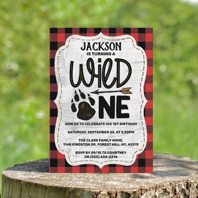 Rustic Forest Plaid Bear Paw Boys 1st Birthday Invitation (Creator Uploaded)