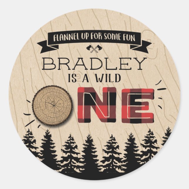 Rustic Forest Plaid Lumberjack Boys 1st Birthday Classic Round Sticker (Front)