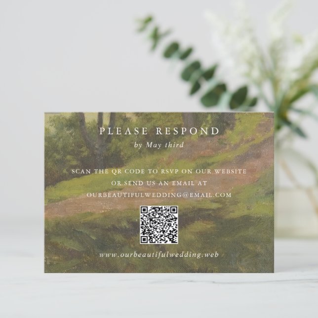 Rustic Forest QR Code Elegant Wedding RSVP Card (Standing Front)