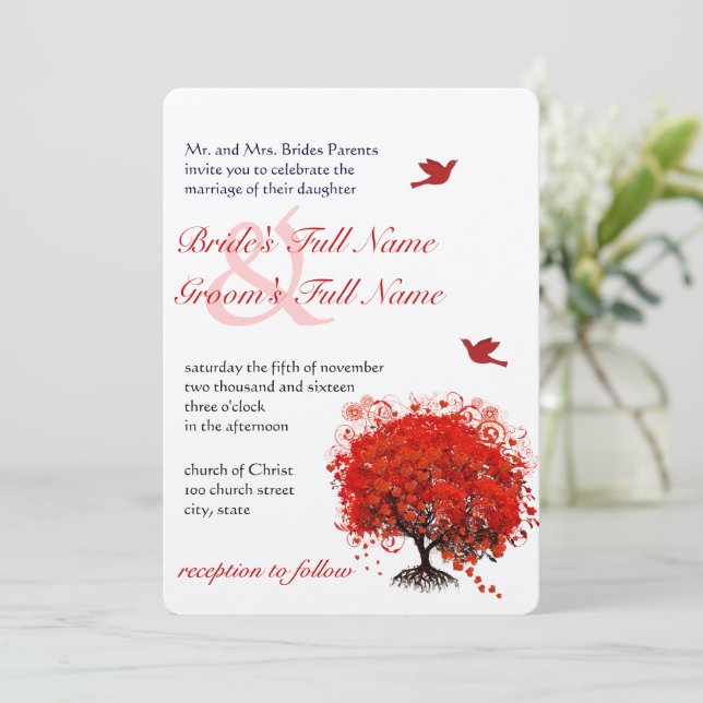 Rustic Forest Red Tree Love Birds Wedding Invitation (Standing Front)