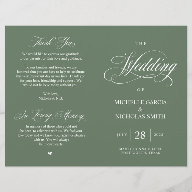 Rustic Forest Sage Green, Foldable Wedding Program (Front)