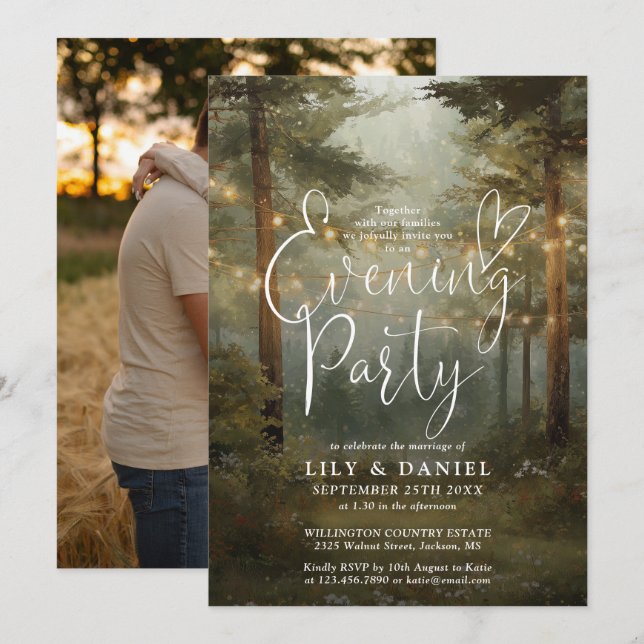 Rustic Forest String Lights Photo Evening Party Invitation (Front/Back)