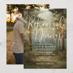Rustic Forest String Lights Photo Rehearsal Dinner Invitation