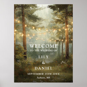 Rustic Forest String Lights Wedding Welcome Sign