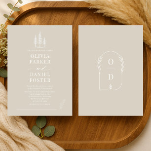 Rustic Forest Taupe Beige Line Art Wedding Invitation