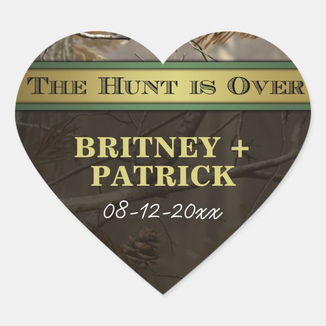 Rustic Forest The Hunt is Over Camo Wedding Favour Heart Sticker (Front)