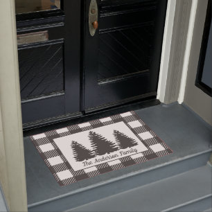 Rustic Forest Trees & Buffalo Check Plaid Doormat