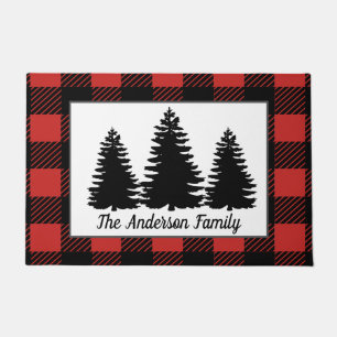 Rustic Forest Trees & Buffalo Check Plaid Doormat