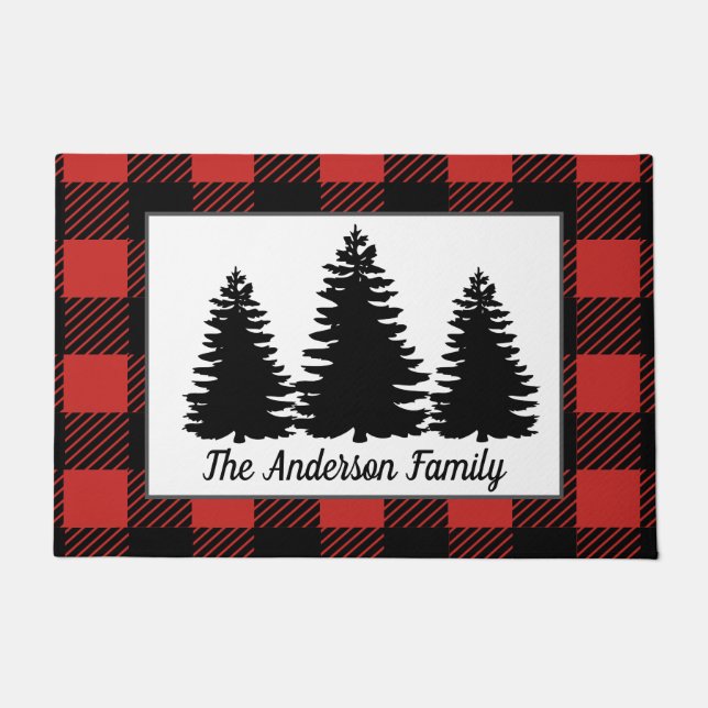 Rustic Forest Trees & Buffalo Check Plaid Doormat (Front)