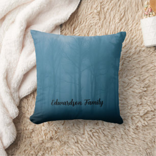 Rustic forest trees in the mist monogram name cushion