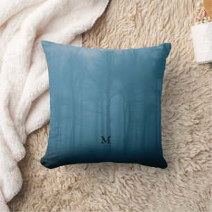 Rustic forest trees in the mist monogrammed cushion