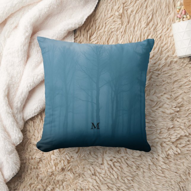 Rustic forest trees in the mist monogrammed cushion (Blanket)