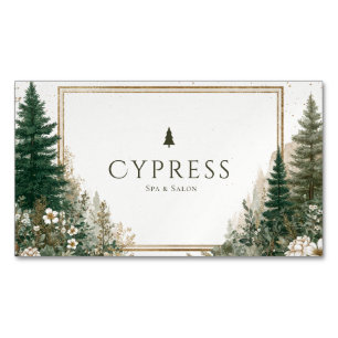 Rustic Forest Watercolor Pine Tree Gold Frame Magnetic Business Card