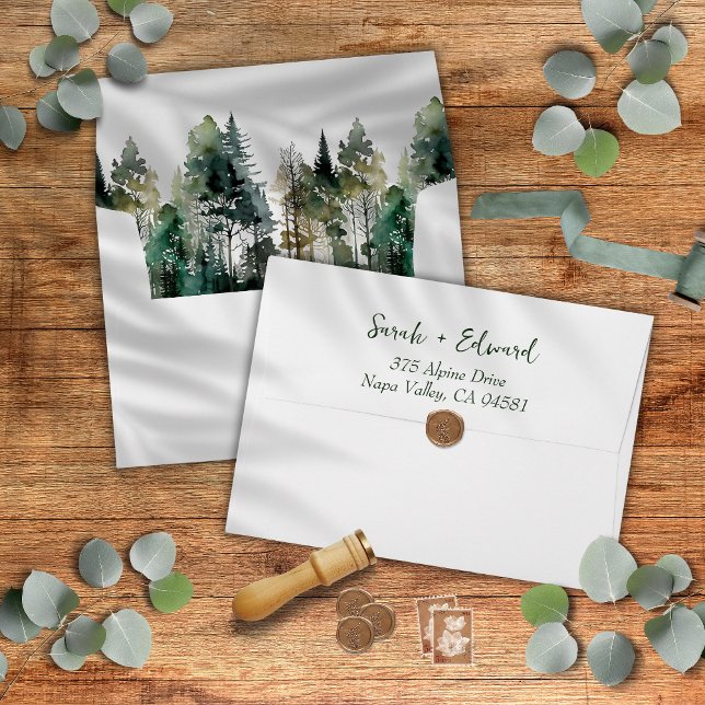 Rustic Forest Watercolor Wedding  Envelope (Rustic Watercolor Pine Trees Wedding Envelopes)