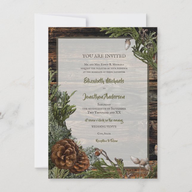Rustic Forest Wedding Dark Wood Evergreen Bough Invitation (Front)