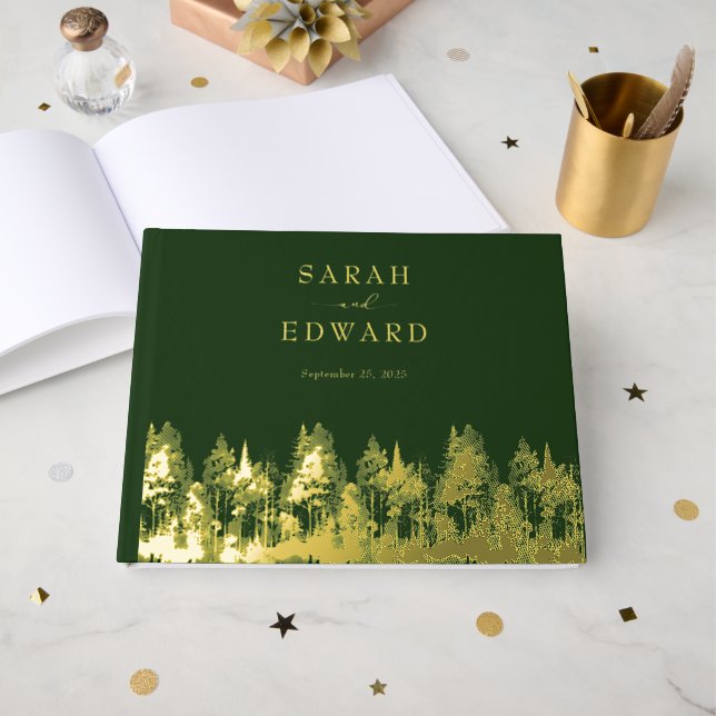 Rustic Forest Wedding Gold Foil Guestbook (Front Open)
