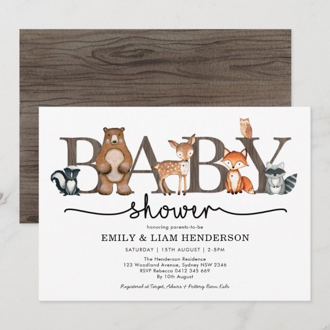 Rustic Forest Woodland Animals Baby Shower Invitation (Front/Back)