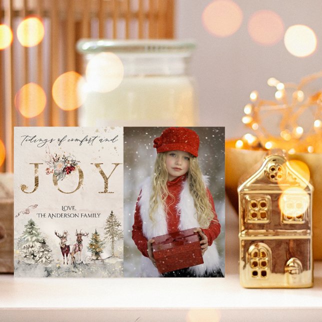 Rustic Forest Woodland Deer Joy Christmas Photo Holiday Card (Creator Uploaded)